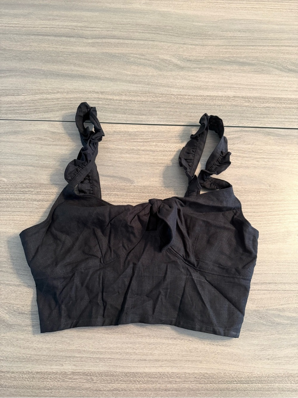 Express Black Ruffle-Strap Tie-Front Crop Top